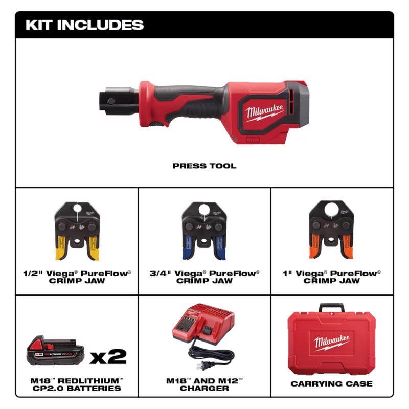Milwaukee M18 Force Logic w/ 3 PEX Crimp Jaws 1 in. Press Tool Kit Red