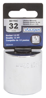 Vulcan MT6534185 Drive Socket, 32 mm Socket, 1/2 in Drive, 12-Point, Chrome Vanadium Steel, Chrome