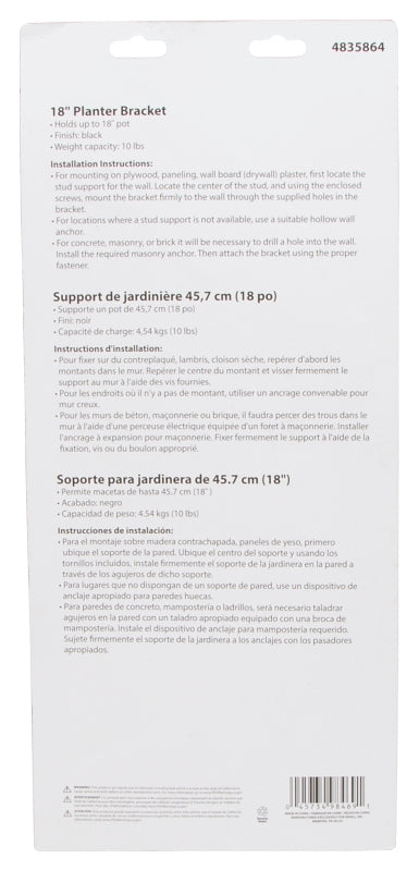 Landscapers Select GB0143L Planter Bracket, 15-1/4 L, Steel, Black, Wall Mount Mounting