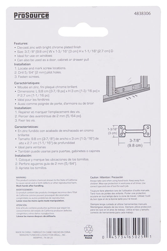 ProSource 20902CHB-PS Sash Lift, 3-7/8 in L Handle, Zinc, Chrome