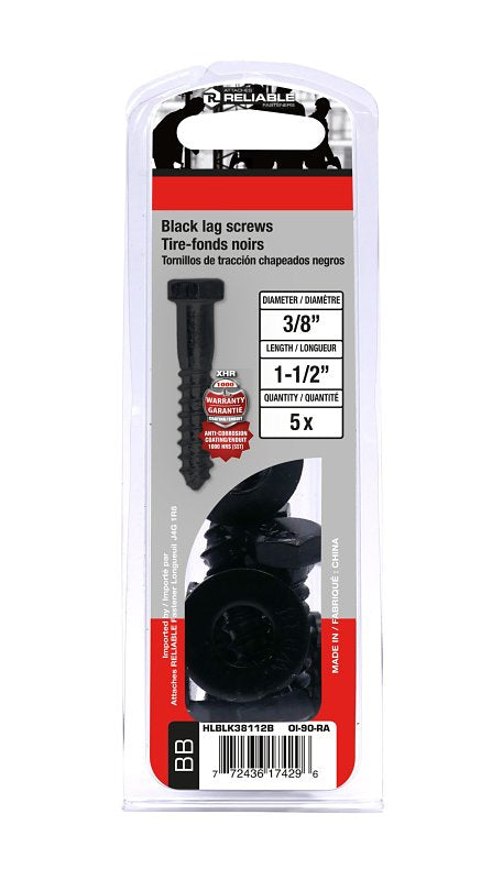 Reliable HLBLK38112B Hex Head Lag Bolt, 3/8-7 Thread, 1-1/2 in OAL, A Grade, Carbon Steel, ACQ Epoxy