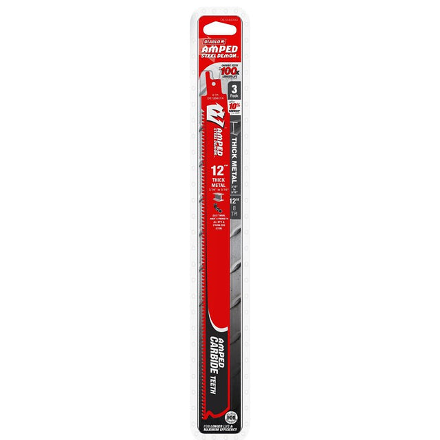 Diablo AMPED Steel Demon DS1208CFA3 Reciprocating Saw Blade, 1 in W, 12 in L, 8 TPI, Carbide Cutting Edge