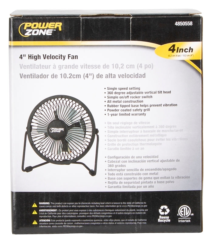 PowerZone CZHV4RSB-BK Mini Fan, 120 VAC, 4 in Dia Blade, 4-Blade, 1-Speed, 360 deg Rotating, Black