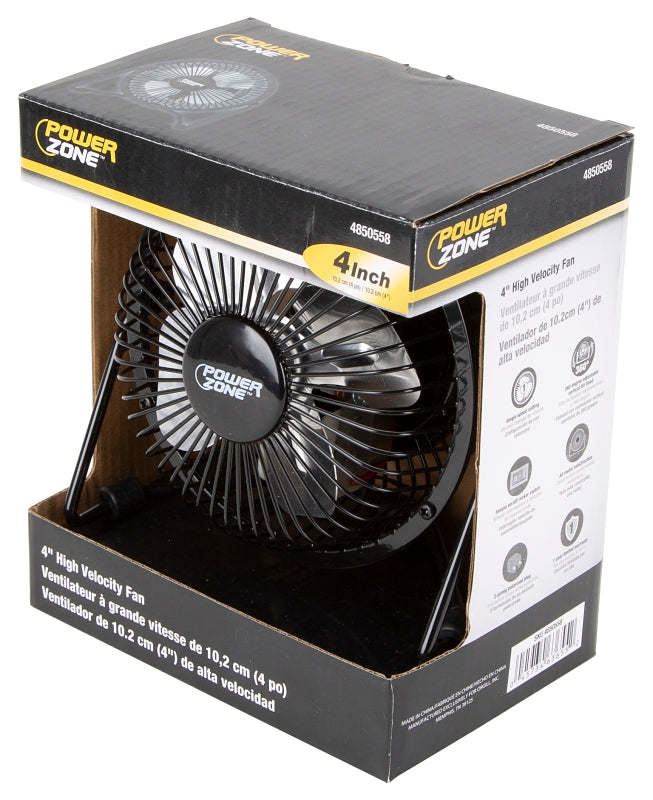 PowerZone CZHV4RSB-BK Mini Fan, 120 VAC, 4 in Dia Blade, 4-Blade, 1-Speed, 360 deg Rotating, Black