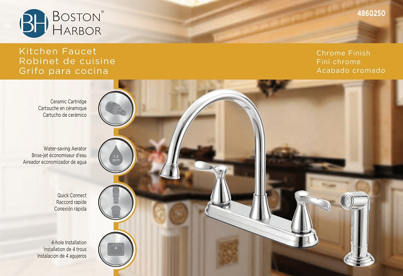 Boston Harbor F8210001CP Kitchen Faucet, 1.8 gpm, 4-Faucet Hole, Metal/Plastic, Chrome, Deck Mounting, Lever Handle