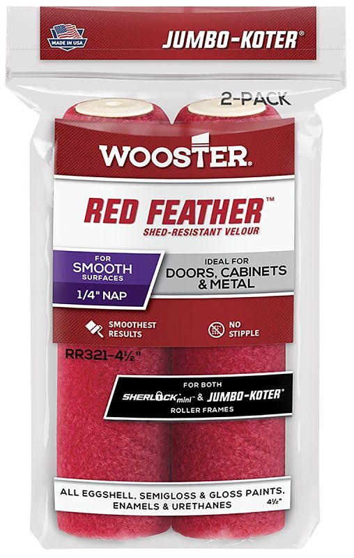 Wooster RED FEATHER Series RR321-4 1/2 Roller Cover, 1/4 in Thick Nap, 4-1/2 in L, Velour Fabric Cover