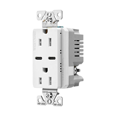 Eaton TRUSBC15W-K-L Combination USB Receptacle, 2-Pole, 15 A, 125 V, 2-USB Port, Type C USB, NEMA: NEMA 5-15R, White, Pack of 4