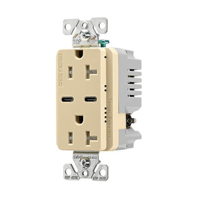 Eaton TRUSBC20V-BOX Combination USB Receptacle, 2-Pole, 20 A, 125 V, 2-USB Port, Type C USB, NEMA: 5-20R, Ivory, Pack of 10