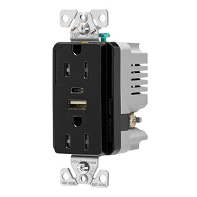 Eaton TRUSBAC15BK-KB-L Combination USB Receptacle, 2-Pole, 15 A, 125 V, 2-USB Port, Type A, C USB, NEMA: 5-15R, Black, Pack of 4