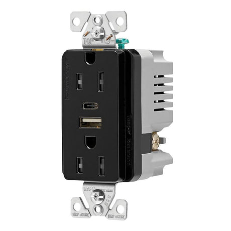 Eaton TRUSBAC15BK-KB-L Combination USB Receptacle, 2-Pole, 15 A, 125 V, 2-USB Port, Type A, C USB, NEMA: 5-15R, Black, Pack of 4