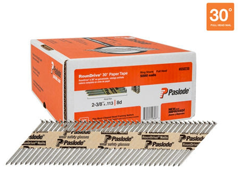 Paslode 650238 Series Framing Nail, Strip Collation, 2-3/8 in L, Steel, Bright, Round Head, Ring Shank