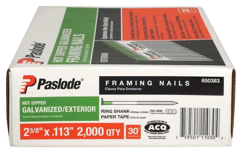 Paslode 650383 Framing Nail, 2-3/8 in L, Steel, Galvanized, Full-Round Head, Ring Shank