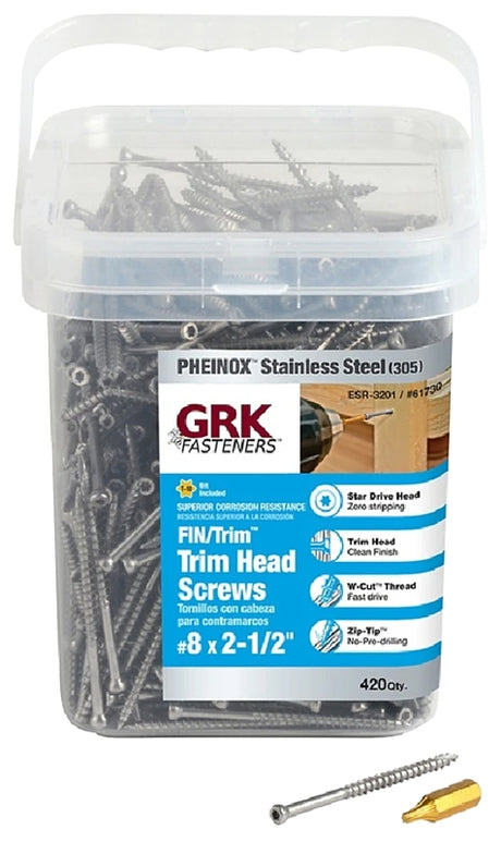 GRK Fasteners 61730 Finishing Screw, #8 Thread, 2-1/2 in L, W-Cut Thread, Trim Head, Star Drive, 305 Stainless Steel