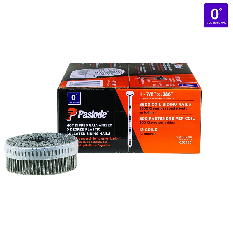 Paslode 650955 Coil Siding Nails, 1-7/8 in L, 14 ga, Steel, Hot-Dipped Galvanized, Round Head, Ring Shank