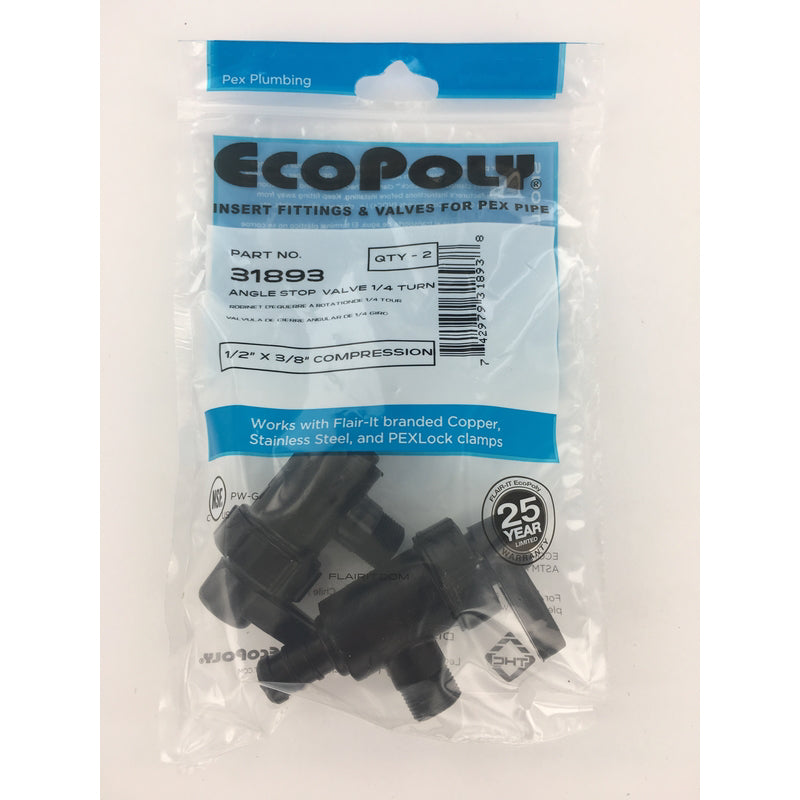 Flair-It Ecopoly 1/2 in. PEX Crimp X 3/8 in. Compression Plastic Quarter Turn Angle Stop Valve, Pack of 10