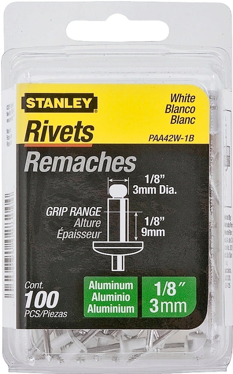 STANLEY PAA42W-1B Pop Rivet, Reusable, 1/8 in Grip, 1/8, 1-1/2 in L, Aluminum