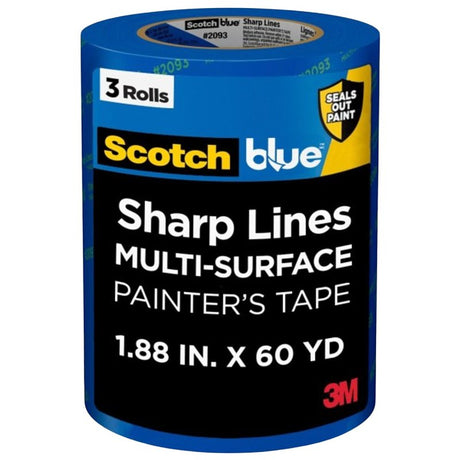 ScotchBlue Sharp Lines Series 2093-48TC3 Painters Tape, 60 yd L, 1.88 in W, Crepe Paper Backing, Blue