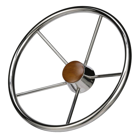 Seachoice 5 Spoke 15" Stainless Steel Destroyer Steering Wheel With Genuine Teak Cap