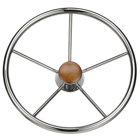 Seachoice 5 Spoke 15" Stainless Steel Destroyer Steering Wheel With Genuine Teak Cap