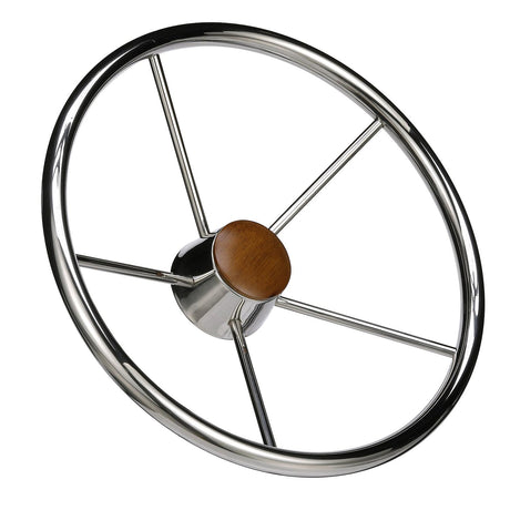 Seachoice 5 Spoke 15" Stainless Steel Destroyer Steering Wheel With Genuine Teak Cap