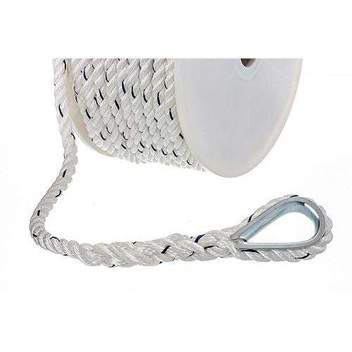 Premium 3-Strand Twisted Nylon Anchor Line White With Blue Tracer, 3/8" x 100'