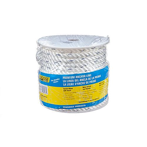 Premium 3-Strand Twisted Nylon Anchor Line White With Blue Tracer, 1/2" x 100'