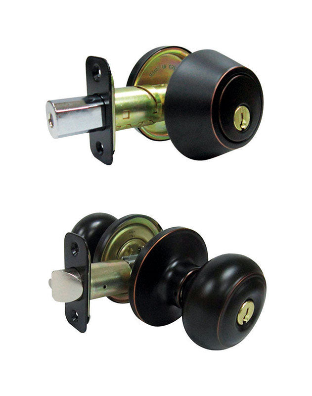 Faultless Fancy Mushroom Aged Bronze Entry Knob and Single Cylinder Deadbolt