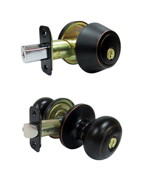 Faultless Fancy Mushroom Aged Bronze Entry Knob and Single Cylinder Deadbolt