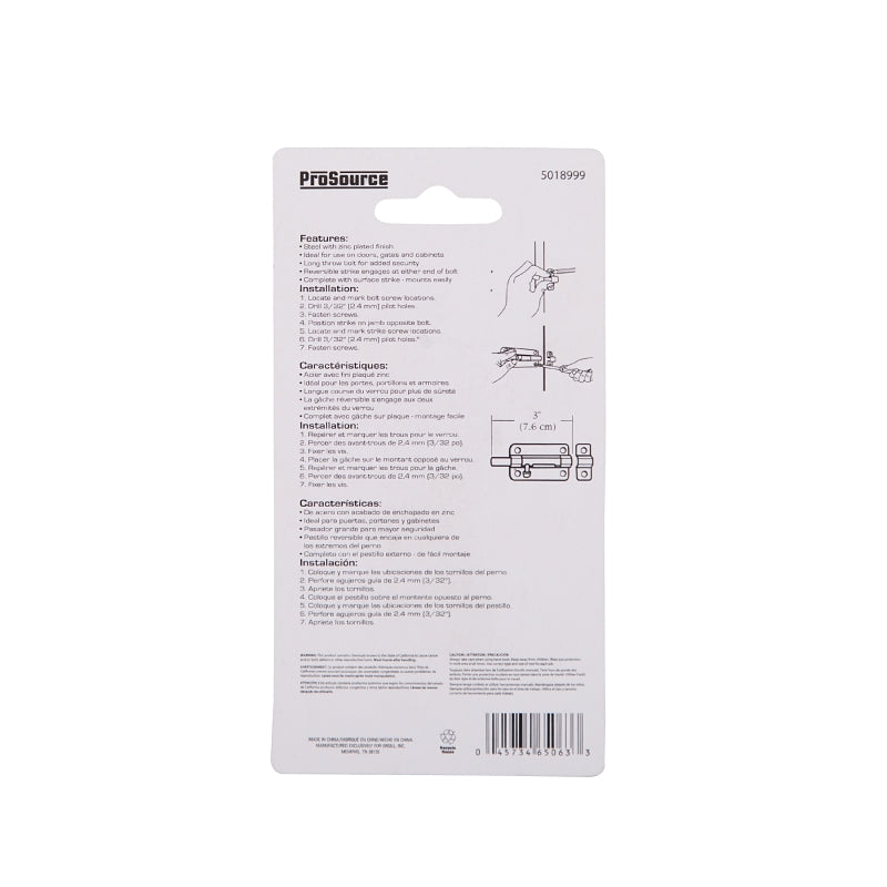ProSource CL-203-PS Barrel Bolt, 0.31 Dia in Bolt Head, 3 in L Bolt, Steel, Zinc Plated