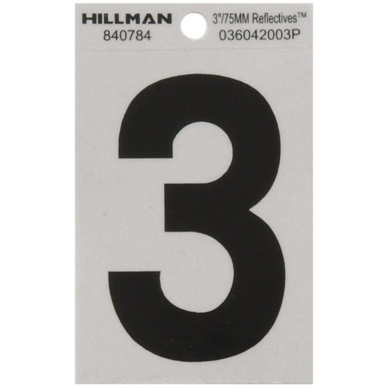 HILLMAN 3 in. Reflective Black Vinyl Self-Adhesive Number 3 1 pc, Pack of 6