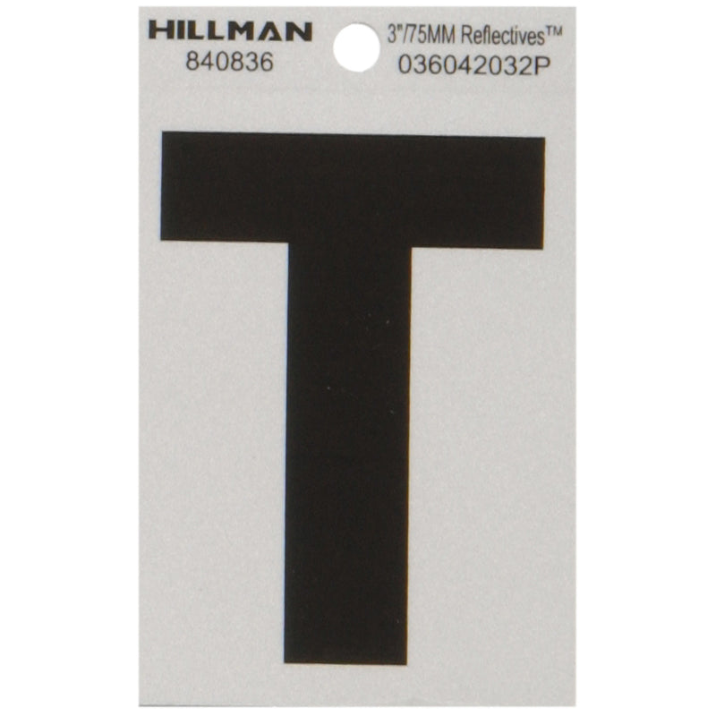 HILLMAN 3 in. Reflective Black Vinyl Self-Adhesive Letter T 1 pc, Pack of 6