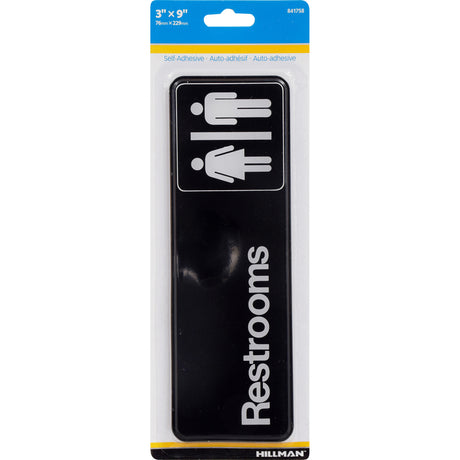 HILLMAN English Black Restroom Plaque 3 in. H X 9 in. W, Pack of 6