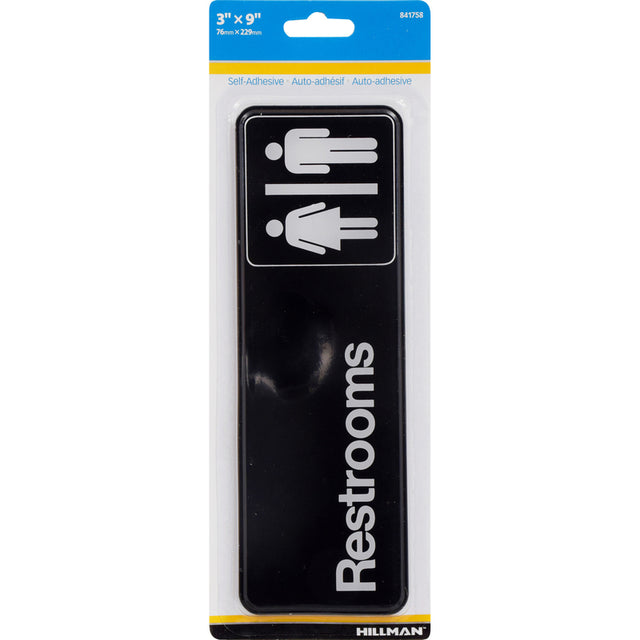 HILLMAN English Black Restroom Plaque 3 in. H X 9 in. W, Pack of 6