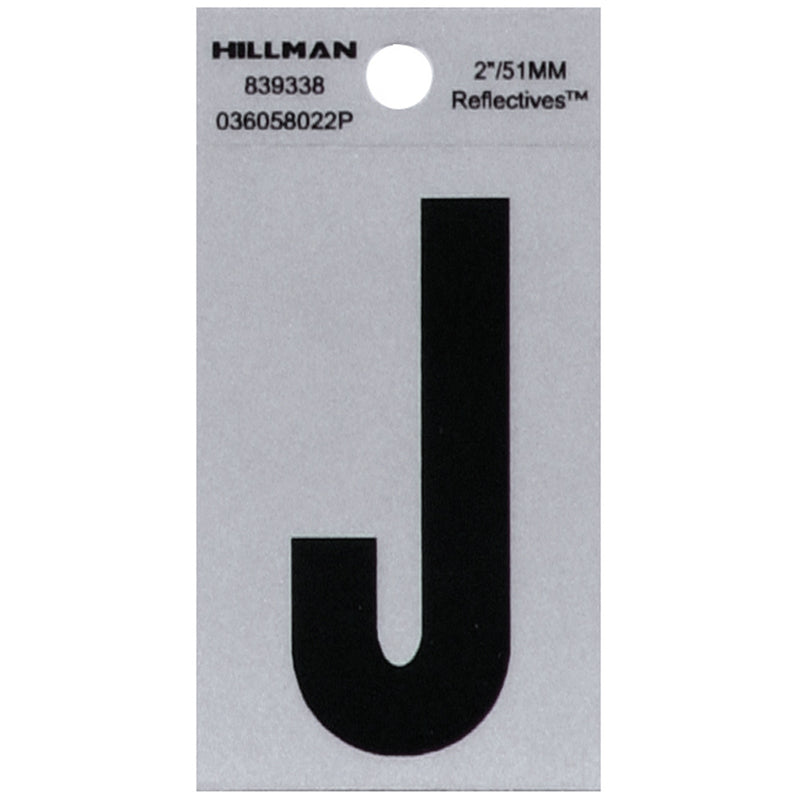 HILLMAN 2 in. Reflective Black Vinyl Self-Adhesive Letter J 1 pc, Pack of 6