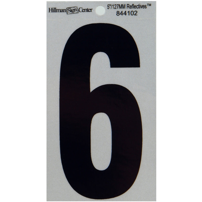HILLMAN 5 in. Reflective Black Vinyl Self-Adhesive Number 6 1 pc, Pack of 6