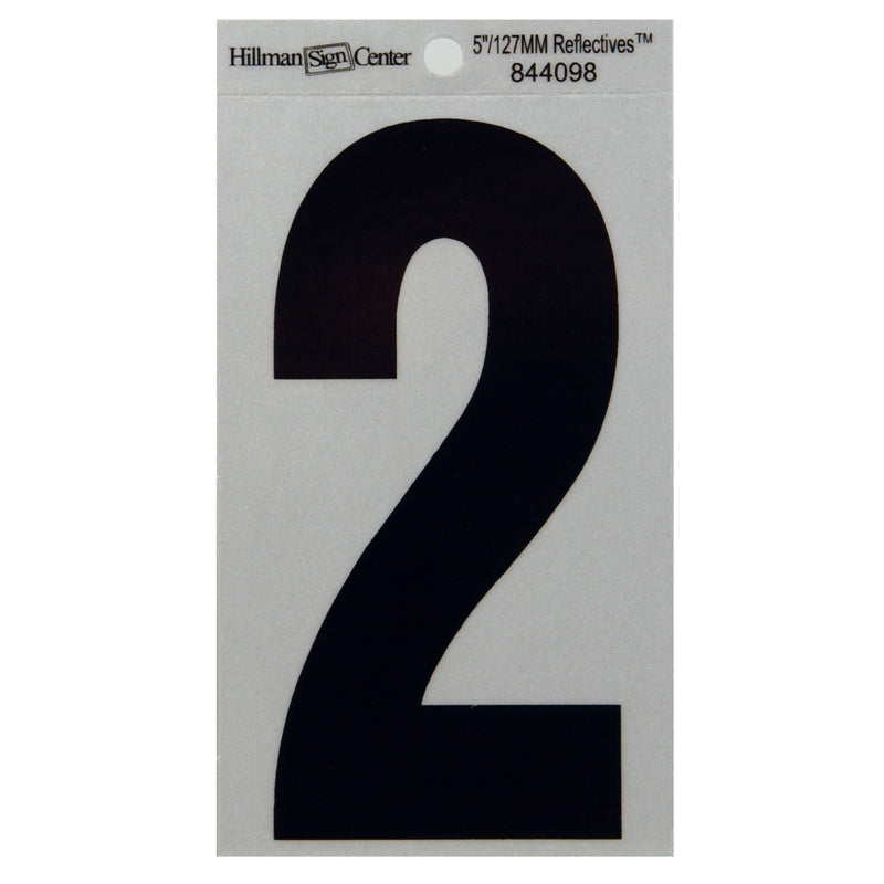 HILLMAN 5 in. Reflective Black Vinyl Self-Adhesive Number 2 1 pc, Pack of 6