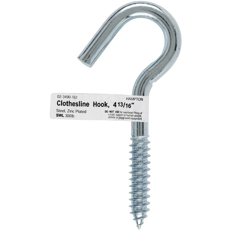 Hampton Small Zinc-Plated Silver Steel 4.8125 in. L Clothesline Hook 300 lb 1 pk, Pack of 10