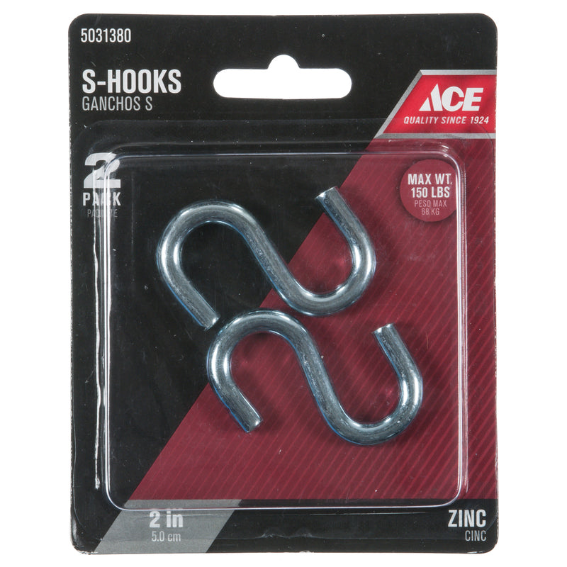 Ace Small Zinc-Plated Silver Steel 2 in. L S-Hook 150 lb 2 pk, Pack of 5