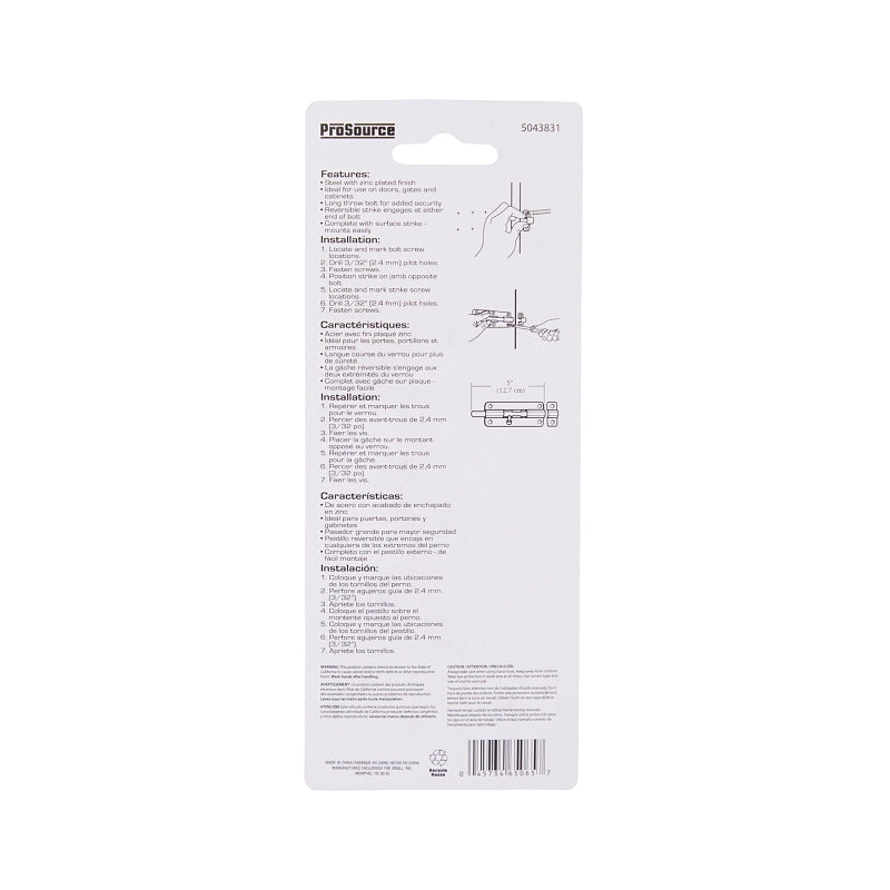 ProSource 20487ZCB-PS Barrel Bolt, 0.31 Dia in Bolt Head, 5 in L Bolt, Steel, Zinc Plated