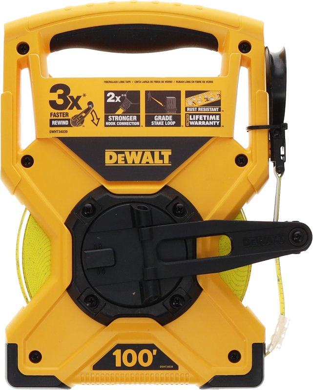 DEWALT DWHT34039 Tape Measure, 100 ft L Blade, 1/2 in W Blade, Fiberglass Blade, ABS Case, Yellow Case