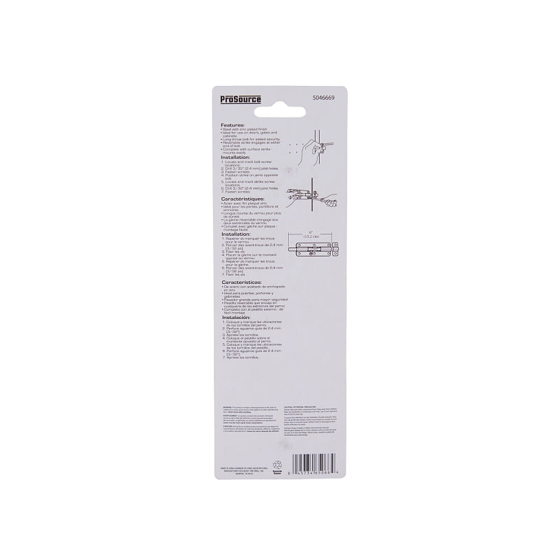 ProSource CL-701-PS Barrel Bolt, 3/8 Dia in Bolt Head, 6 in L Bolt, Steel, Zinc Plated