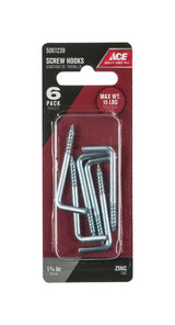 Ace Small Zinc-Plated Silver Steel 1.8125 in. L Square Bend Screw Hook 15 lb 6 pk, Pack of 5