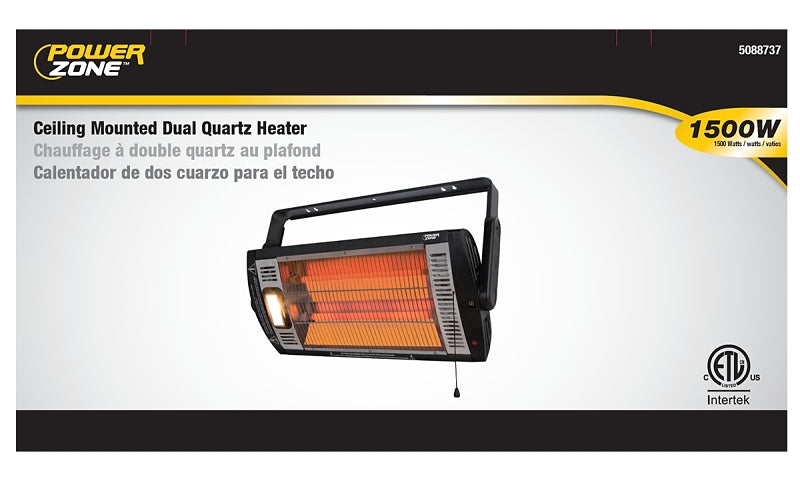 PowerZone QGW15-602 Ceiling-Mounted Dual Quartz Heater, 12.5 A, 120 V, 1500 W, Black