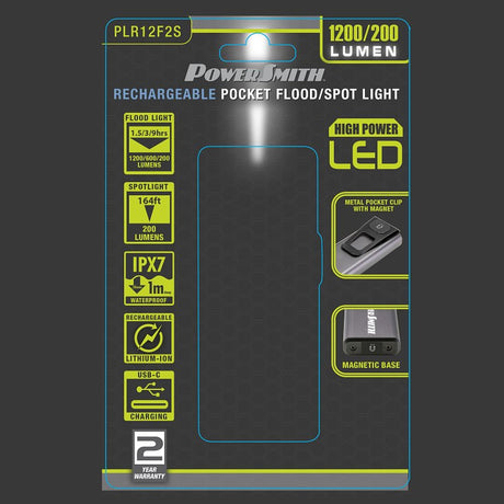 PowerSmith PLR12F2S Pocket Flood/Spot Light, Rechargeable, 2 Ah, Lithium-Ion Battery, LED Lamp, 1200 Lumens