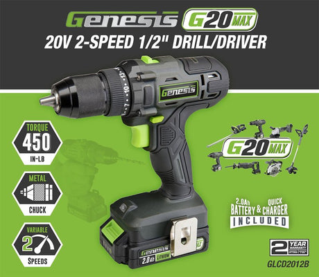 Genesis GLCD2012B Drill/Driver, Battery Included, 20 V, 2 Ah, 1/2 in Chuck, Ratcheting Chuck