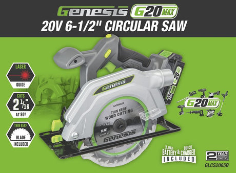 Genesis G20 Max GLCS2065B Circular Saw, Battery Included, 20 V, 2 Ah, 6-1/2 in Dia Blade, 5/8 in Arbor