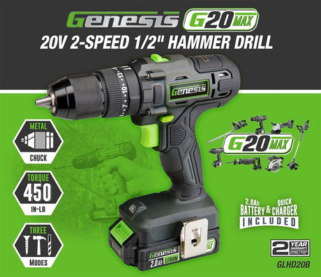 Genesis G20 Max GLHD20B Hammer Drill, Battery Included, 20 V, 2 Ah, 1/2 in Chuck, Ratcheting Chuck