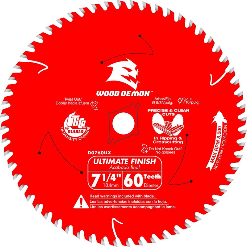 Diablo D0760UXA Saw Blade, 7-1/4 in Dia, 5/8 in Arbor, 60-Teeth, Carbide Cutting Edge, Applicable Materials: Wood, Pack of 10