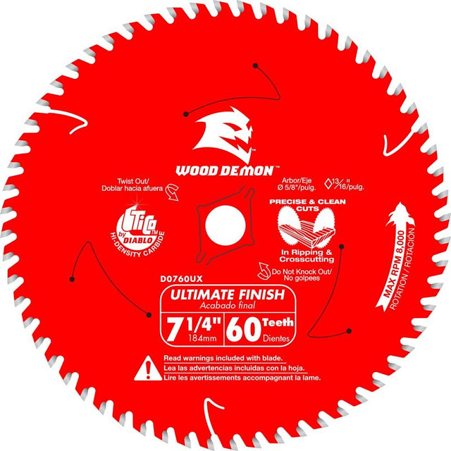 Diablo D0760UXA Saw Blade, 7-1/4 in Dia, 5/8 in Arbor, 60-Teeth, Carbide Cutting Edge, Applicable Materials: Wood, Pack of 10