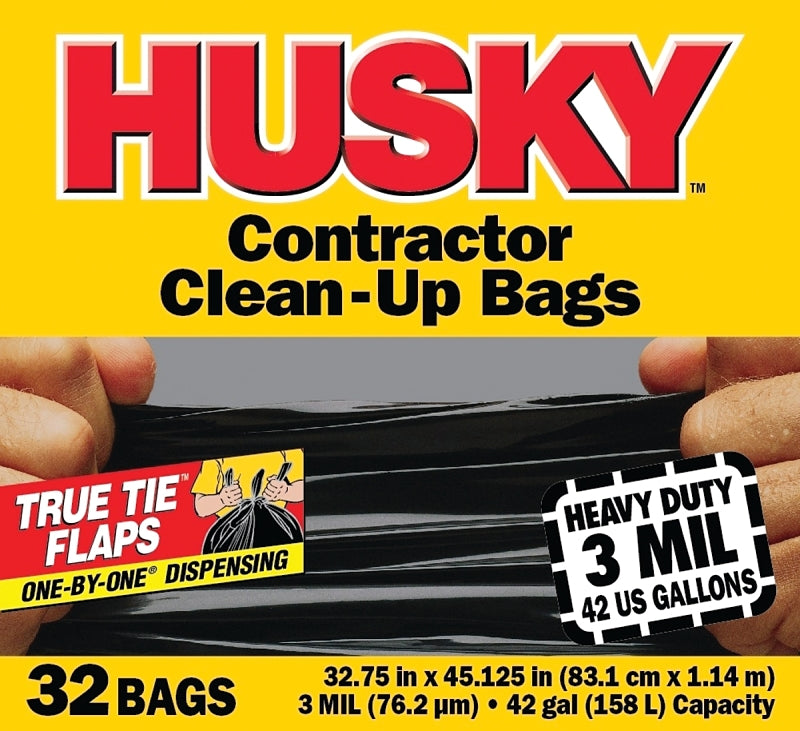 Husky HC42WC032B Clean-Up Trash Bag, 42 gal Capacity, Polyethylene Resin, Black